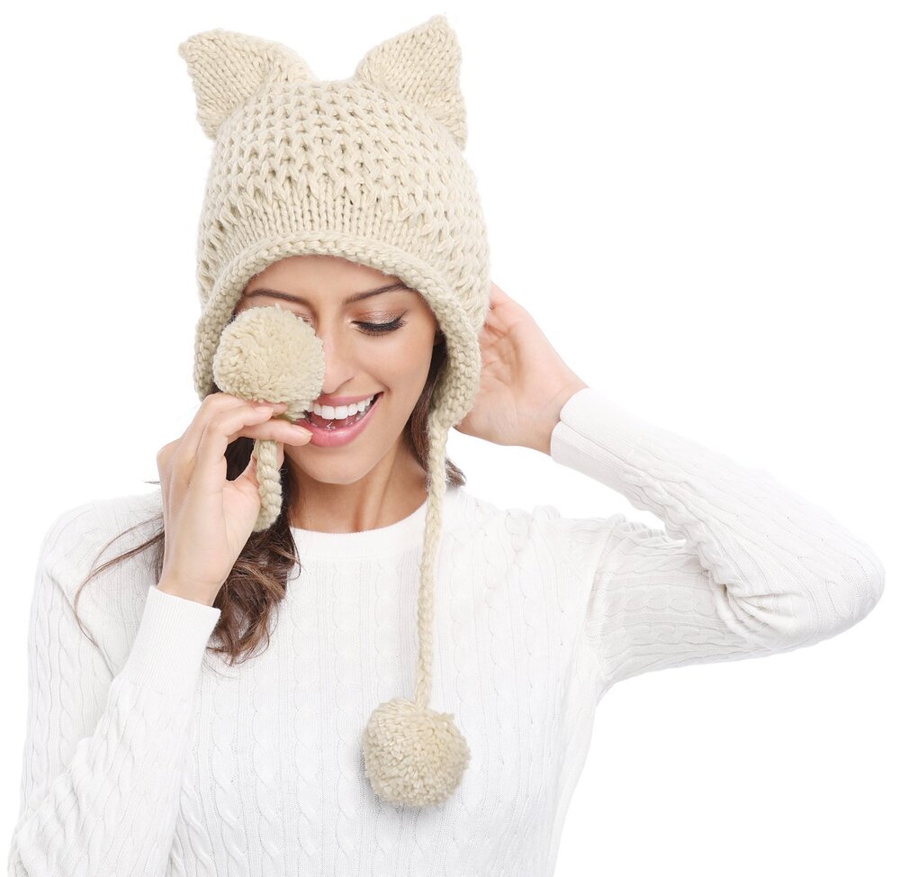5883 Winter Cute Cat Ears Knit Hat Ear Flap Crochet Beanie Hat,Beige - Picture 2 of 6